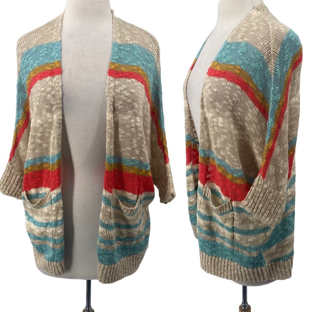 Urban Outfitters BDG Cardigan Striped Dolman Short Sleeves Cotton Beige Womens S